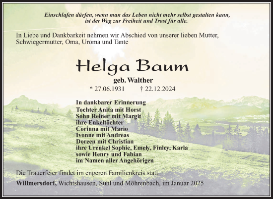 Traueranzeige von Helga Baum von Südthüringer Presse