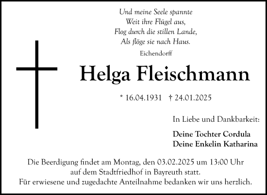 Traueranzeige von Helga Fleischmann von Südthüringer Presse