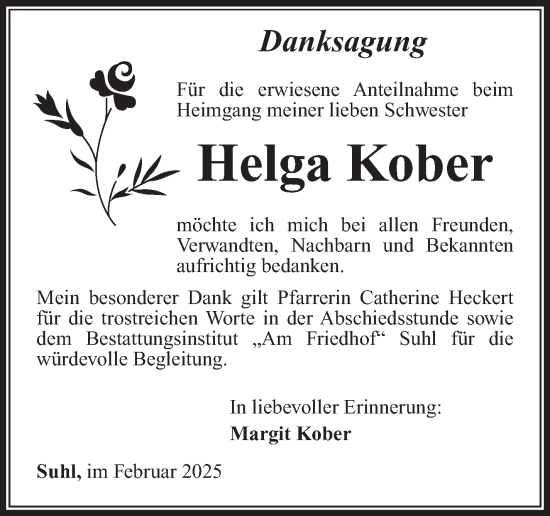Traueranzeige von Helga Kober von Südthüringer Presse