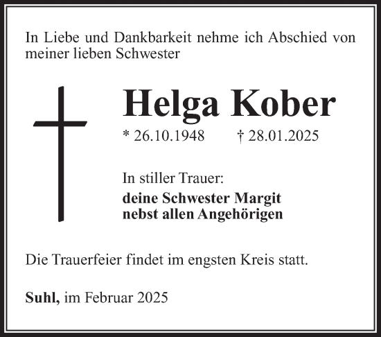 Traueranzeige von Helga Kober von Südthüringer Presse