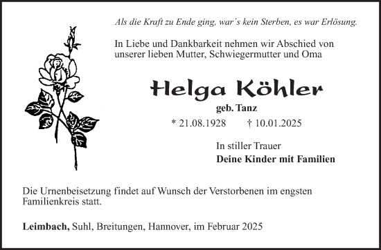Traueranzeige von Helga Köhler von Südthüringer Presse