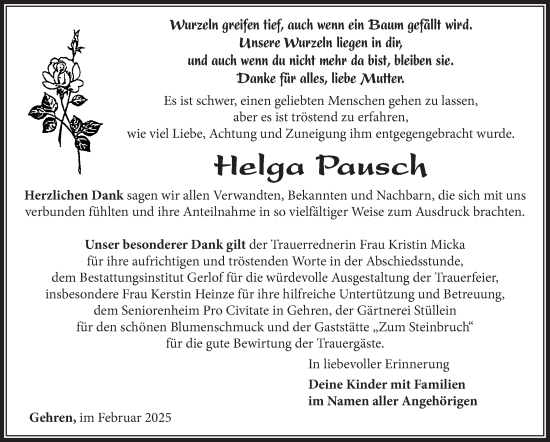 Traueranzeige von Helga Pausch von Südthüringer Presse