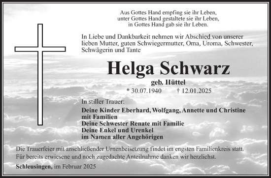 Traueranzeige von Helga Schwarz von Südthüringer Presse