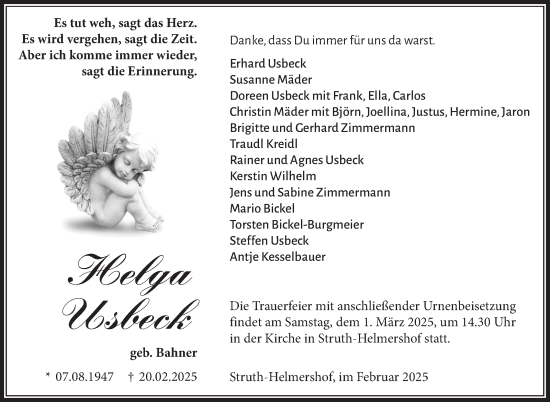 Traueranzeige von Helga Usbeck von Südthüringer Presse