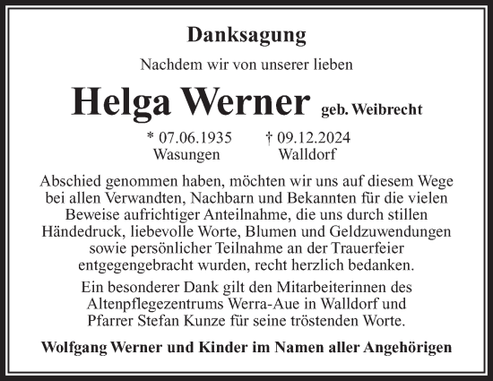 Traueranzeige von Helga Werner von Südthüringer Presse