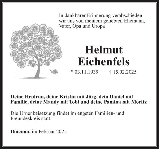 Traueranzeige von Helmut Eichenfels von Südthüringer Presse