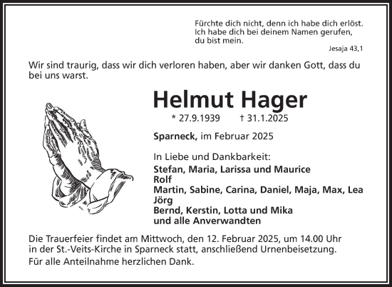 Traueranzeige von Helmut Hager von Frankenpost