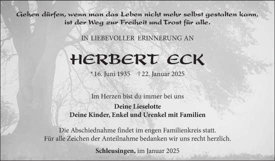 Traueranzeige von Herbert Eck von Südthüringer Presse