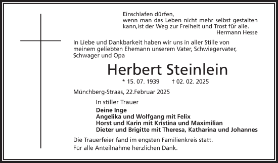 Traueranzeige von Herbert Steinlein von Frankenpost