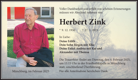 Traueranzeige von Herbert Zink von Frankenpost