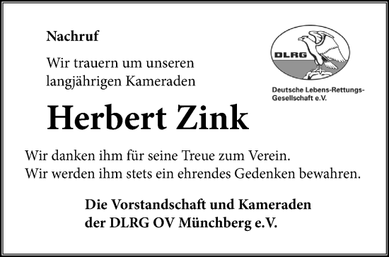 Traueranzeige von Herbert Zink von Frankenpost