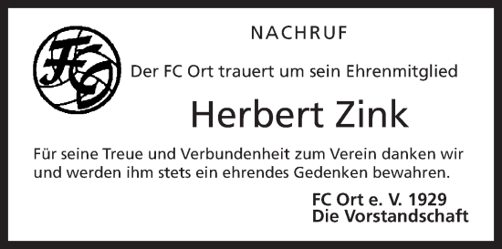 Traueranzeige von Herbert Zink von Frankenpost