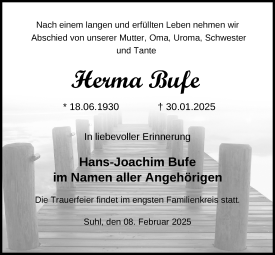 Traueranzeige von Herma Bufe von Südthüringer Presse