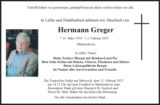 Traueranzeige von Hermann Greger von Frankenpost