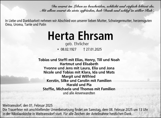 Traueranzeige von Herta Ehrsam von Neue Presse Coburg
