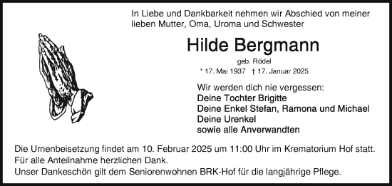 Traueranzeige von Hilde Bergmann von Frankenpost