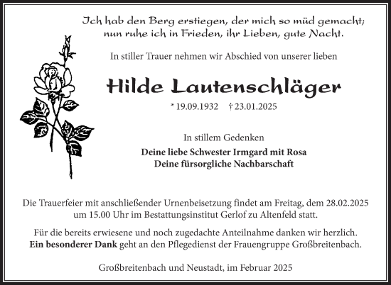 Traueranzeige von Hilde Lautenschläger von Südthüringer Presse