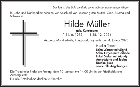 Traueranzeige von Hilde Müller von Frankenpost