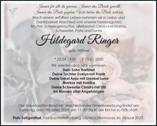 Traueranzeige von Hildegard Ringer von Südthüringer Presse