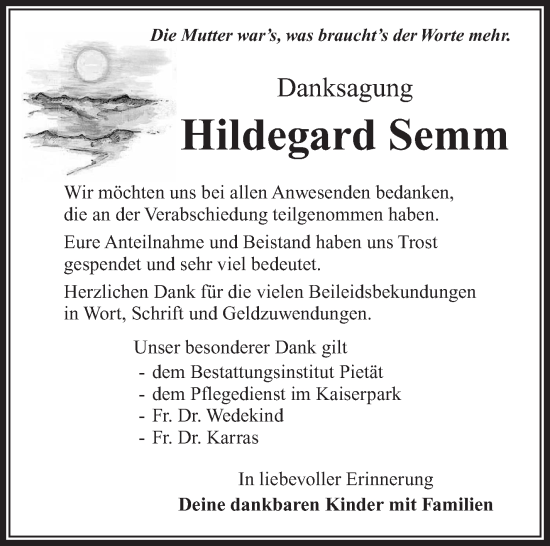 Traueranzeige von Hildegard Semm von Südthüringer Presse