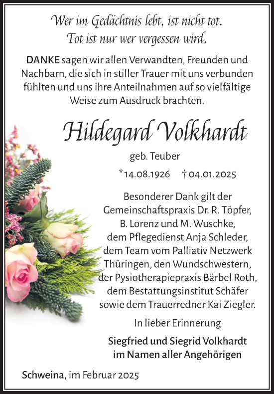 Traueranzeige von Hildegard Volkhardt von Südthüringer Presse