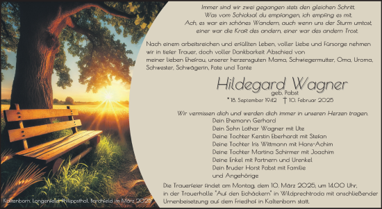 Traueranzeige von Hildegard Wagner von Südthüringer Presse