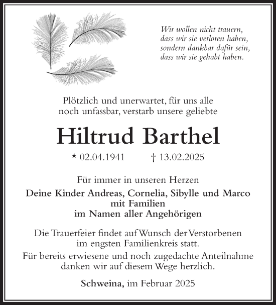 Traueranzeige von Hiltrud Barthel von Südthüringer Presse