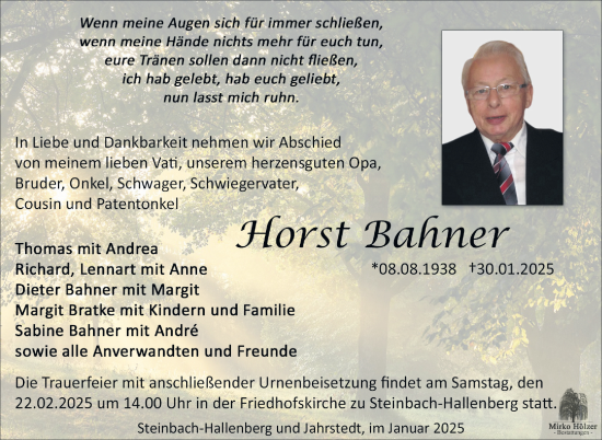Traueranzeige von Horst Bahner von Südthüringer Presse