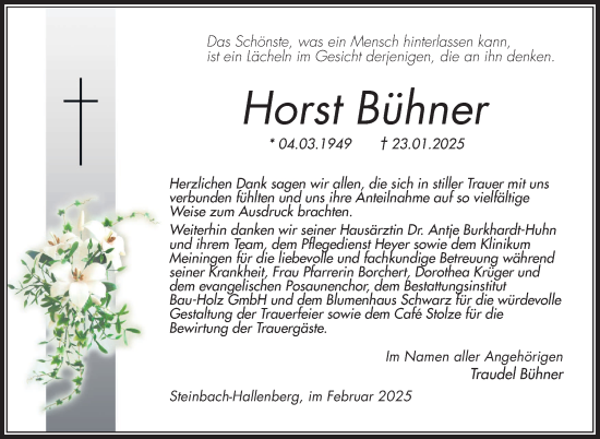Traueranzeige von Horst Bühner von Südthüringer Presse