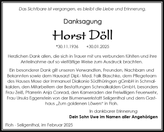 Traueranzeige von Horst Döll von Südthüringer Presse