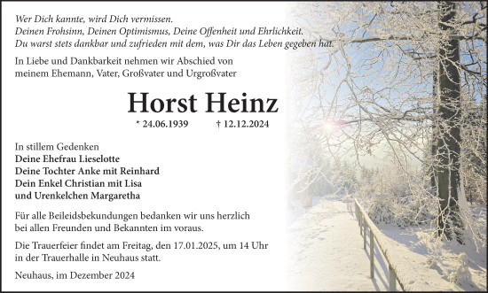 Traueranzeige von Horst Heinz von Südthüringer Presse