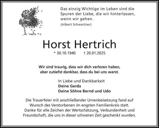 Traueranzeige von Horst Hertrich von Frankenpost