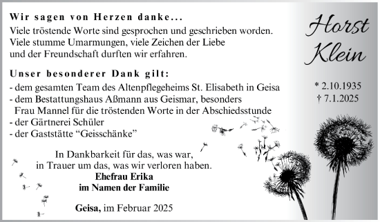 Traueranzeige von Horst Klein von Südthüringer Presse