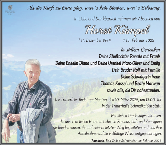 Traueranzeige von Horst Kümpel von Südthüringer Presse