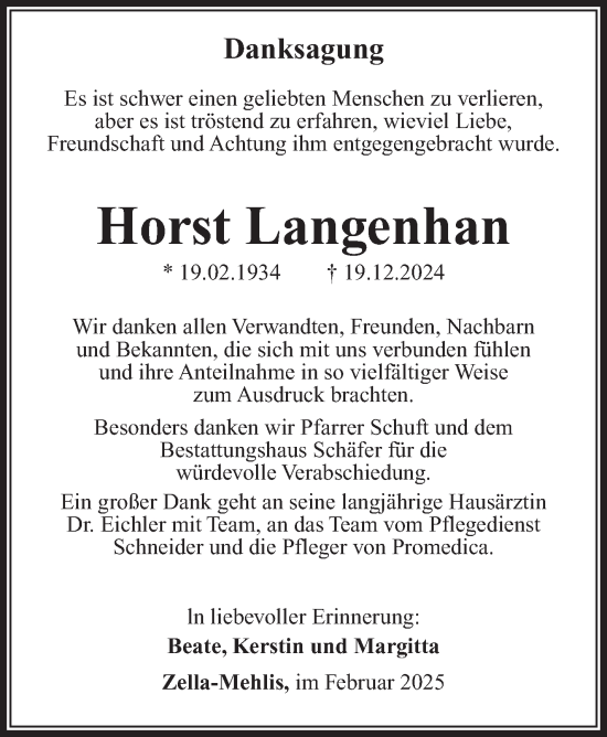 Traueranzeige von Horst Langenhan von Südthüringer Presse