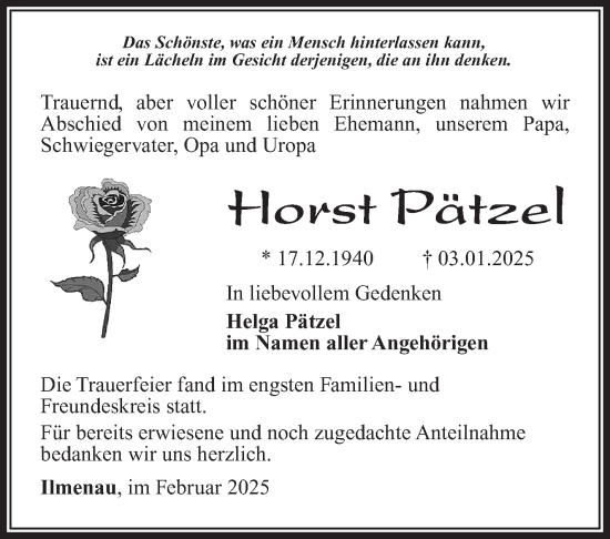 Traueranzeige von Horst Pätzel von Südthüringer Presse