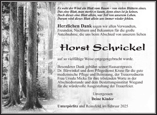 Traueranzeige von Horst Schrickel von Südthüringer Presse