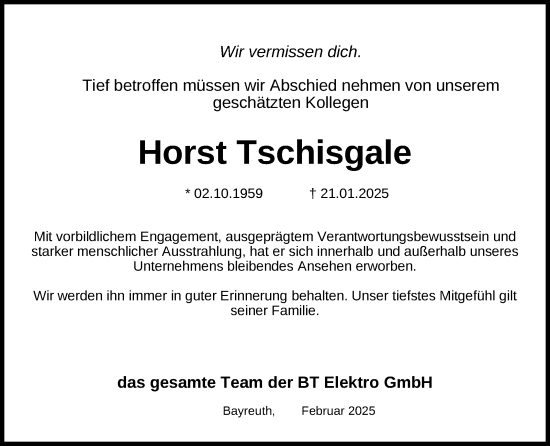 Traueranzeige von Horst Tschisgale von Südthüringer Presse