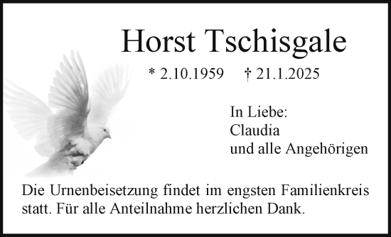 Traueranzeige von Horst Tschisgale von Südthüringer Presse