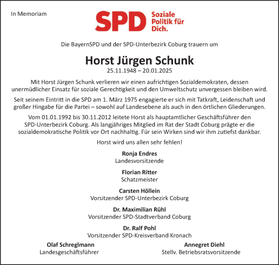 Traueranzeige von Horst Jürgen Schunk von Neue Presse Coburg