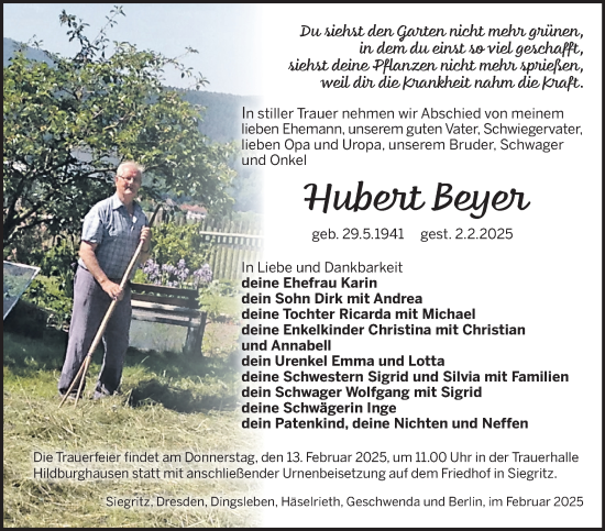 Traueranzeige von Hubert Beyer von Südthüringer Presse