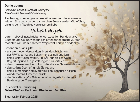Traueranzeige von Hubert Beyer von Südthüringer Presse
