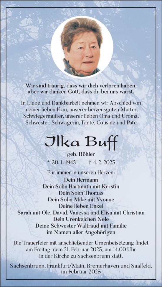 Traueranzeige von Ilka Buff von Südthüringer Presse