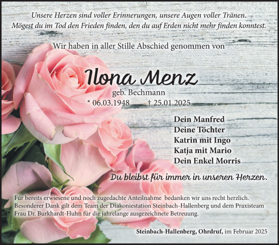 Traueranzeige von Ilona Menz von Südthüringer Presse