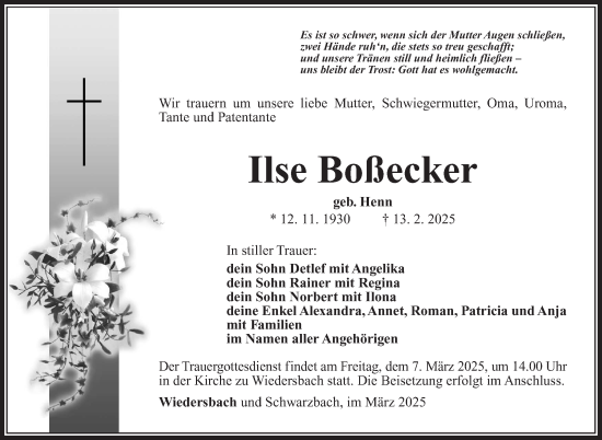 Traueranzeige von Ilse Boßecker von Südthüringer Presse