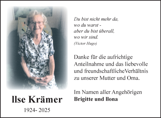 Traueranzeige von Ilse Krämer von Südthüringer Presse