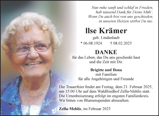 Traueranzeige von Ilse Krämer von Südthüringer Presse