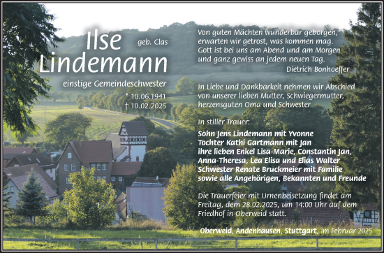 Traueranzeige von Ilse Lindemann von Südthüringer Presse