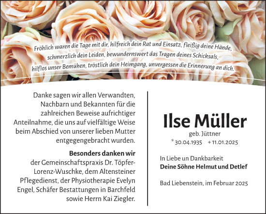 Traueranzeige von Ilse Müller von Südthüringer Presse
