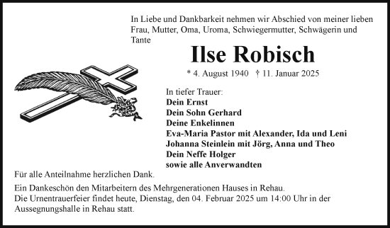 Traueranzeige von Ilse Robisch von Frankenpost